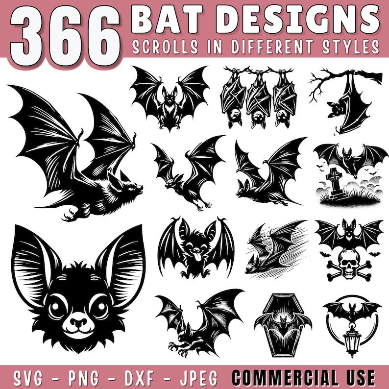K&ouml;nnte beinhalten: Eine Sammlung von 366 Fledermaus-Designs in Schwarzwei&szlig;, die verschiedene Stile zeigen. Das Bild zeigt Flederm&auml;use im Flug, h&auml;ngend und stilisierte Illustrationen. Der Text oben lautet "BAT DESIGNS" und "SCROLLS IN DIFFERENT STYLES".