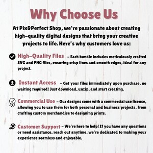 May include: A graphic with a white background and pink text explaining the benefits of purchasing digital designs from Pix&Perfect Shop. The benefits include high-quality files, instant access, commercial use, and customer support.