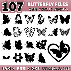 Puede incluir: Una colección de 107 diseños de mariposas en blanco y negro. La imagen incluye varias ilustraciones de mariposas, desde siluetas simples hasta patrones detallados. El texto en la parte superior dice "BUTTERFLY FILES WIDE VARIETY DESIGNS". El texto inferior dice "SVG + PNG + DXF COMMERCIAL USE".