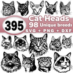 May include: A collection of 98 unique cat head illustrations in black and white. The image includes the text "Cat Heads 98 Unique breeds SVG + PNG + DXF 395".