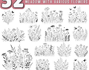 Könnte beinhalten: Ein Set mit 52 Schwarzweiß-Zeichnungen von Wildblumen, darunter Wiesengras, Blumen und Vögel. Der Text "WILDFLOWER BUNDLE MEADOW WITH VARIOUS FLOWERS" befindet sich oben im Bild. Der Text "SVG - PNG - DXF - JPEG COMMERCIAL USE" befindet sich unten im Bild.