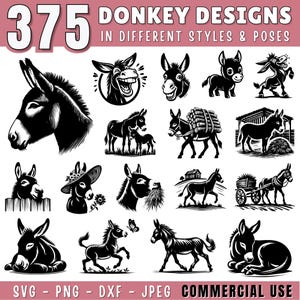 Könnte beinhalten: Eine Sammlung von 375 Esel-Designs in verschiedenen Stilen und Posen, in Schwarzweiß dargestellt. Das Bild enthält Illustrationen von Eseln in verschiedenen Aktivitäten, wie dem Tragen von Lasten, dem Grasen und dem Stehen. Der Text unten zeigt die verfügbaren Dateiformate an.