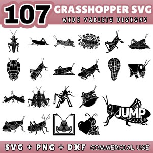 Puede incluir: Una colección de 107 diseños SVG de saltamontes en blanco y negro. Los diseños incluyen varias ilustraciones de saltamontes, algunas con la palabra "JUMP". La imagen también incluye el texto "SVG + PNG + DXF COMMERCIAL USE".