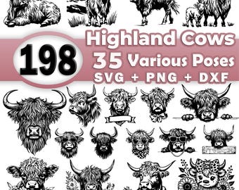 Highland Cow Svg Bundle File | Farm animals Collection| Cow Illustration | Cricut, Clipart, Cut Laser Files  | SVG PNG DXF Commercial Use