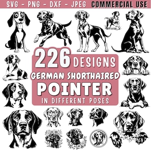 Könnte beinhalten: Eine Sammlung von 226 Schwarzweißillustrationen von Deutsch Kurzhaar in verschiedenen Posen. Der Text "226 Designs German Shorthaired Pointer In Different Poses" wird auf einem rosa Hintergrund angezeigt.