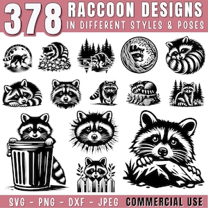 May include: A set of 378 black and white raccoon designs in different styles and poses. The designs are perfect for crafting, scrapbooking, and other creative projects. SVG, PNG, DXF, and JPEG files are included.