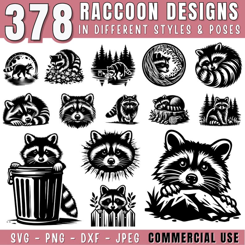 May include: A set of 378 black and white raccoon designs in different styles and poses. The designs are perfect for crafting, scrapbooking, and other creative projects. SVG, PNG, DXF, and JPEG files are included.