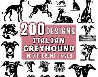 Op de afbeelding: Een verzameling van 200 Italiaanse Greyhound-ontwerpen in verschillende poses, weergegeven in zwart-wit. De afbeelding bevat de tekst "SVG - PNG - DXF - JPEG COMMERCIAL USE" en "200 DESIGNS ITALIAN GREYHOUND IN DIFFERENT POSES."