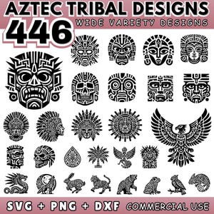 May include: A collection of 446 Aztec tribal designs in black and white. The designs include masks, animal figures, and other cultural symbols. The image also includes the text "SVG + PNG + DXF COMMERCIAL USE".