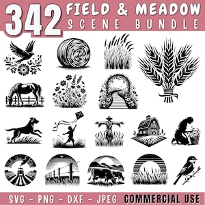 May include: A collection of 342 field and meadow scene graphics in black and white. The images include a bird, a bale of hay, wheat, a horse, flowers, an archway, a dog, a kite, a scarecrow, a barn, a train, cows, and a bird on a branch.