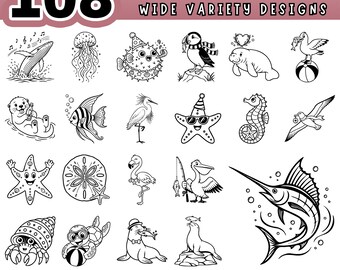 Coastal Wildlife SVG Bundle 108 Ocean Beach Animals Clipart, Sea Life Cut Files for Cricut, Nautical Fish & Shorebird PDF PNG, Digital file