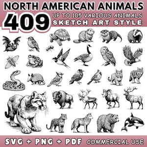 Peut inclure: Dessin au trait noir et blanc d'animaux nord-américains, dont une chauve-souris, un oiseau, une tortue, un castor, une loutre et un blaireau. Le texte "NORTH AMERICAN ANIMALS 409 UP TO 105 VARIOUS ANIMALS SKETCH ART STYLE SVG + PNG + PDF COMMERCIAL USE" est inclus.