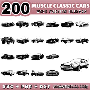 Peut inclure: Une collection de 200 modèles de voitures de collection en noir et blanc. L'image comprend diverses illustrations de voitures classiques, avec le texte "Muscle Classic Cars" et "Wide Variety Designs". Le bas de l'image contient le texte "SVG + PNG + DXF COMMERCIAL USE".