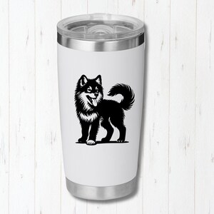 May include: White stainless steel travel mug with a black silhouette of a Finnish Lapphund dog.