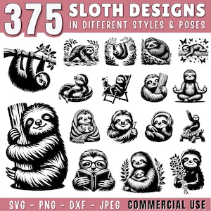 Puede incluir: Una colección de 375 diseños de perezosos en varios estilos y poses, renderizados en blanco y negro. La imagen incluye perezosos colgando de ramas, relajándose y sosteniendo objetos. El texto en la parte inferior indica formatos de archivo: SVG, PNG, DXF y JPEG, con uso comercial.