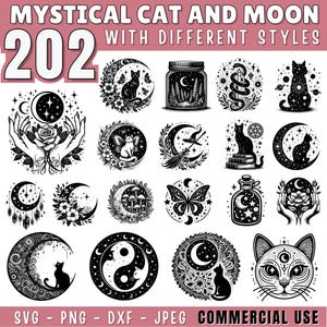 Pode incluir: Uma coleção de 202 designs místicos de gatos e luas em vários estilos. As ilustrações em preto e branco incluem gatos, luas, estrelas, borboletas e outros elementos celestes. O texto inclui "Mystical Cat and Moon" e "Commercial Use."