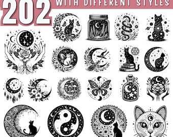 Mystical Cat and Moon SVG Bundle | Witchy Cat designs Clipart | Moon and Cat Cut Files for Cricut | Celestial Svg, DXF, PNG, Commercial use