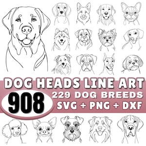 May include: Black and white line art illustrations of various dog breeds. The image includes the text "DOG HEADS LINE ART" and "908" in a pink circle, along with "229 DOG BREEDS SVG + PNG + DXF".