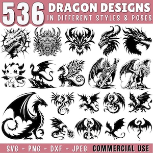 Dragon SVG Bundle, Dragon Clipart for Cricut & Cut File, Dragon Silhouette, Dragons Head, Dragon Tattoo Svg, Dragon PNG DXF, Commercial use