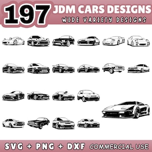 Könnte beinhalten: Sammlung von 197 JDM-Autodesigns in Schwarzweiß. Das Bild zeigt verschiedene Automodelle mit dem Text "JDM CARS DESIGNS" und "WIDE VARIETY DESIGNS" oben. Der untere Teil des Bildes enthält den Text "SVG + PNG + DXF COMMERCIAL USE".