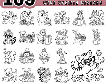 Harvest Festival Animal SVG Bundle, Fall Farm Animals Clipart, Thanksgiving Cute Scarecrow Deer Raccoon, Autumn Woodland Creatures PNG PDF
