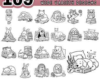 Cozy Animal Book SVG Bundle, 109 Reading Cat Clipart, Bookworm Dog PNG, Cute Book Lover PDF, Library Craft Cut File, Cricut Glowforge