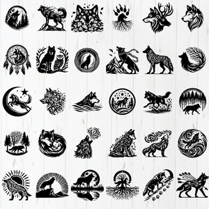 May include: A collection of 36 black and white wolf illustrations. The illustrations feature wolves howling, running, and standing in various poses. Some illustrations include paw prints, trees, and other nature-inspired elements.
