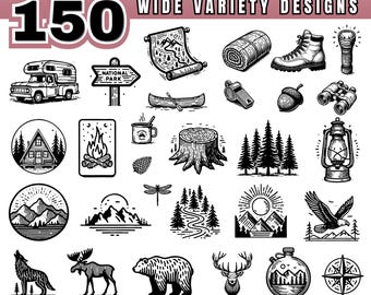 Könnte beinhalten: Eine Sammlung von 20 schwarz-weißen Vintage-Illustrationen zum Thema Camping und Outdoor. Enthält einen Wohnwagen, ein Schild für den Nationalpark, ein Kanu, ein Lagerfeuer, eine Hütte, einen Bären, ein Reh und andere Designs. Text enthält "VINTAGE RETRO PARK", "150 WIDE VARIETY DESIGNS" und "SVG + PNG + DXF COMMERCIAL USE".