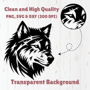 May include: Black and white vector illustration of a wolf's head with a detailed design. The image has a transparent background.