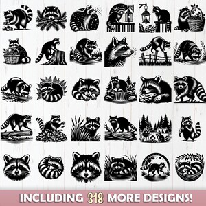 May include: A collection of 24 black and white illustrations of raccoons in various poses and settings. The raccoons are depicted in a cartoon style and are surrounded by various elements such as trees, leaves, and water. The text "INCLUDING 318 MORE DESIGNS!" is at the bottom of the image.