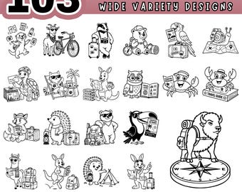 Animal Travel SVG Bundle, 103 Cute Safari Trip Cut Files, Adventure Plane Car Clipart, Vacation PNG PDF for Cricut, Laser Engraving