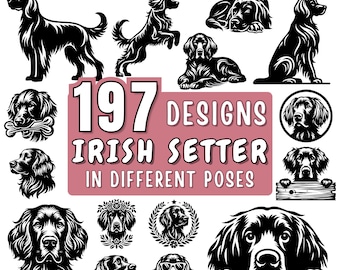 Pode incluir: Ilustrações em preto e branco de cães Setter irlandeses em várias poses. A imagem inclui o texto "197 Designs Irish Setter in Different Poses" e "Commercial Use". Formatos SVG, PNG, DXF e JPEG disponíveis.