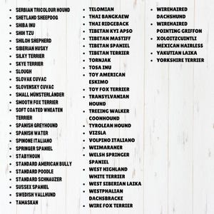 May include: A list of dog breeds in black text on a white background. The breeds are organized alphabetically by column.