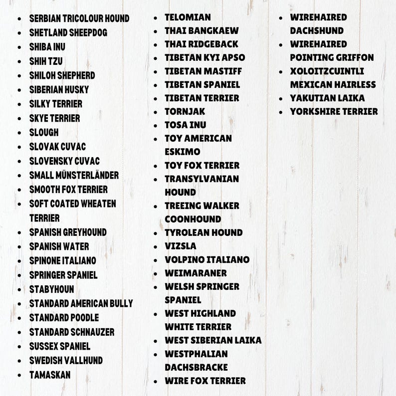 May include: A list of dog breeds in black text on a white background. The breeds are organized alphabetically by column.