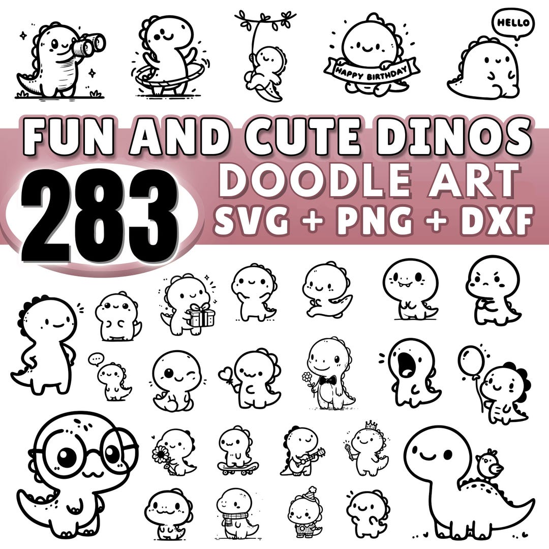 Fun and Cute Dino Doodle Art SVG Bundle | 283 Dinosaur Designs ...