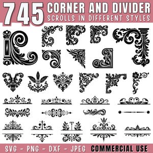 Op de afbeelding: Een verzameling van 745 zwarte hoek- en dividerscrolls in verschillende stijlen. De afbeelding bevat decoratieve bloemen- en sierontwerpen, geschikt voor grafische ontwerpprojecten. Tekst bevat "CORNER AND DIVIDER" en "SCROLLS IN DIFFERENT STYLES".