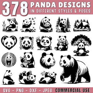 Pacchetto SVG Panda / Clipart di Panda carino e divertente / SVG di bambù / File PNG DXF jpeg di silhouette di panda per Cricut e Laser / Uso commerciale
