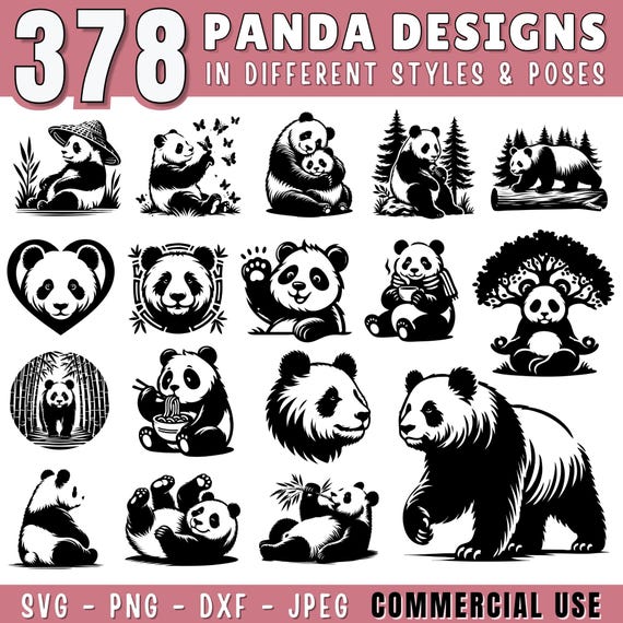 Panda SVG Bundle | Cute & Funny Panda Clipart | Bamboo svg | Panda Silhouette PNG DXF jpeg Files for Cricut and Laser | Commercial Use