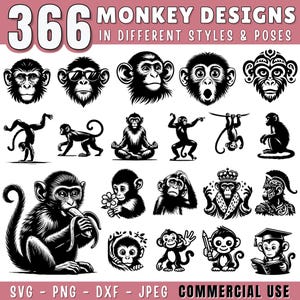 Monkey SVG Bundle | Cute & Funny Monkey Clipart | Monkey Silhouettes PNG DXF jpeg for Cricut and Laser | Jungle animals svg | Commercial Use