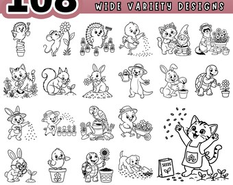 Cute Animal Gardening SVG Bundle, 108 Garden Gnomes Clipart, Flower Planting Designs for Cricut, Laser Cut Files, Farmhouse Decor, PNG PDF