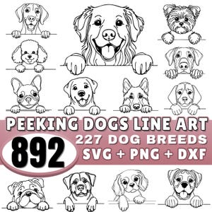 Spähender Hund Line Art SVG PNG DXF Bundle | 227 Hunderassen Line Art | Minimalistische Umriss Kunst | Gekritzelkunst | Cricut Silhouette | Kommerzielle Nutzung