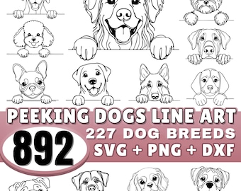 Peeking Dog Line Art SVG PNG DXF Bundle | 227 Dog breeds Line art | Minimalist Outline Art | Doodle art | Cricut Silhouette | Commercial use