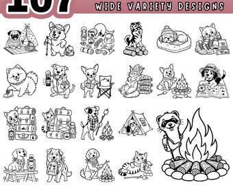 Camping Pets Adventure SVG Bundle, Outdoor Animals Clipart, Hiking Dog Cat Graphics, Camper Van PDF Cut File, Cricut Silhouette Laser Cut