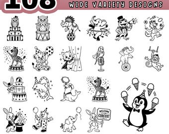 Vintage Circus Animals SVG Bundle, Cricut Cut Files, Clipart for Crafts, Digital Download, 108 Designs for Laser Cutting & Scrapbooking PNG