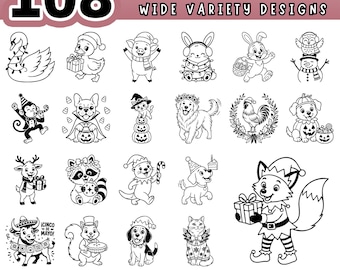 Holiday Theme Animals SVG Bundle, Christmas Clipart, Cricut Crafts, Reindeer Penguin Snowman Cut Files, PDF, PNG, Laser Engraving Templates