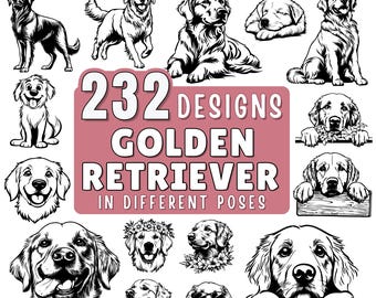 Puede incluir: Una colección de 232 ilustraciones en blanco y negro de Golden Retrievers en diferentes poses. El texto "232 Designs Golden Retriever in Different Poses" se muestra sobre un fondo rosa.