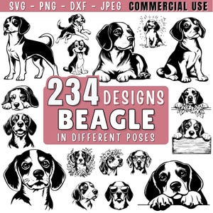 May include: A collection of 234 black and white Beagle dog illustrations in different poses. The illustrations are perfect for crafting, scrapbooking, and other creative projects.
