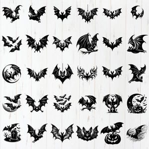 K&ouml;nnte beinhalten: Eine Sammlung schwarzer Fledermaus-Illustrationen in verschiedenen Posen und Stilen, vor einem wei&szlig;en Hintergrund mit Holzmaserung. Die Flederm&auml;use weisen detaillierte Fl&uuml;geldesigns auf, ideal f&uuml;r Halloween.