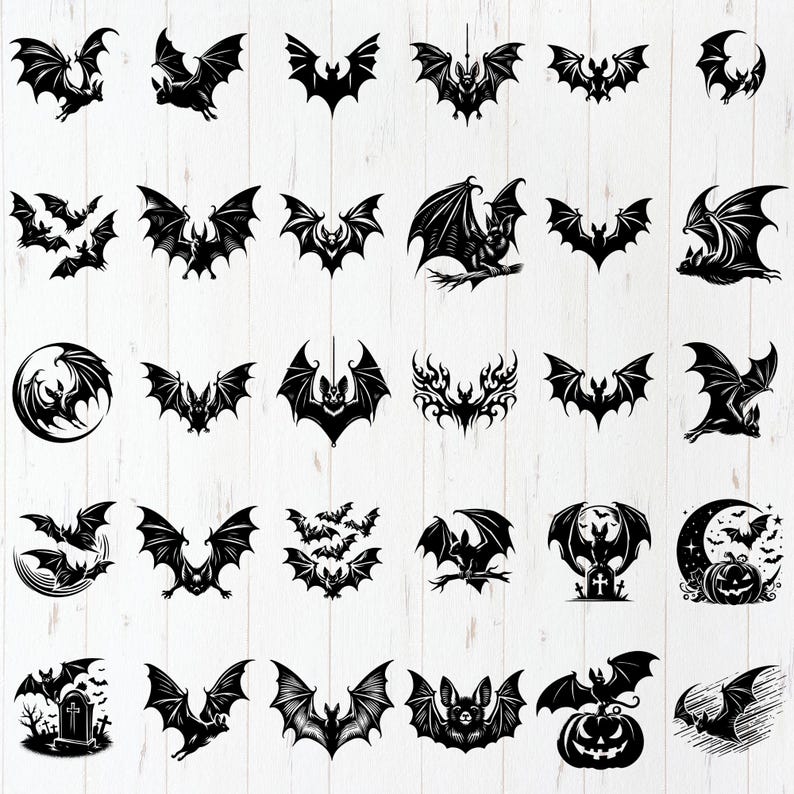 K&ouml;nnte beinhalten: Eine Sammlung schwarzer Fledermaus-Illustrationen in verschiedenen Posen und Stilen, vor einem wei&szlig;en Hintergrund mit Holzmaserung. Die Flederm&auml;use weisen detaillierte Fl&uuml;geldesigns auf, ideal f&uuml;r Halloween.