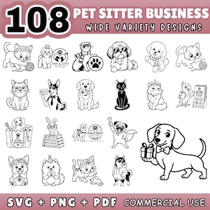 Könnte beinhalten: Eine digitale Sammlung von 108 schwarz-weißen Designs für Tiersitter-Unternehmen mit verschiedenen Illustrationen von Katzen, Hunden, Kaninchen und Papageien. Die Grafiken zeigen Tiere mit Accessoires, Pfotenabdruck-Logos und verschiedenen Texten.